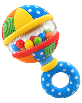 Colorful soft baby rattle with polka dots and clear plastic compartment containing small colored balls isolated on a transparent background