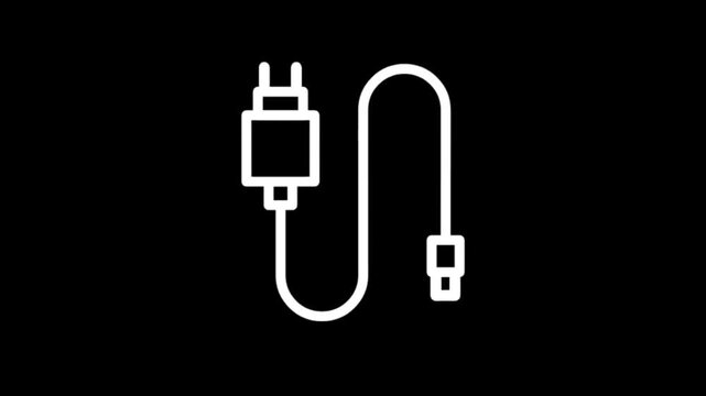 Simple white line art icons of charging cables on a black background
