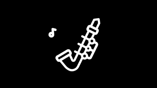 Animated white saxophone icon with musical notes on black background
