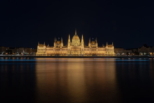 Hungarian Parliament illuminated at night in Budapest