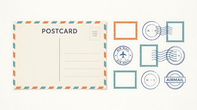 Vintage Postcard Template with Airmail Border and Blank Postage Stamps Set Retro Travel Postal Stationery Graphic Vector Design