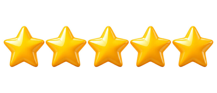 Five glossy yellow stars in a horizontal row representing customer feedback and product review rating isolated on a transparent background