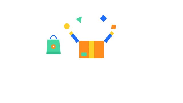 Colorful illustration of a shopping bag and an open box with various geometric shapes.
