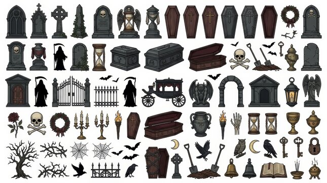 Gothic funeral design elements set