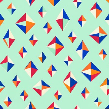 Geometric diamond pattern with colorful abstract shapes in flat vector illustration style on mint background