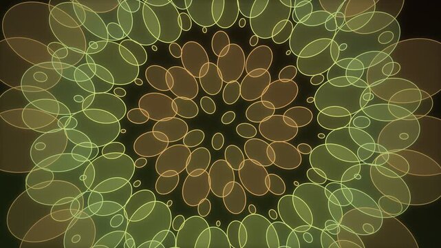 Abstract floral vortex animation featuring a hypnotic circular pattern of soft, glowing oval shapes in a gradient of greens and yellows, creating a soothing, organic visual flow