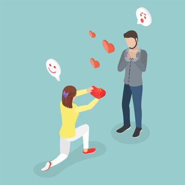 3D Isometric Flat Vector Illustration of Marriage Proposal, Scene Of Cute Romantic Couples