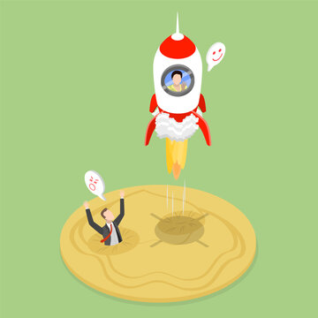 3D Isometric Flat Vector Illustration of Quicksand Trap , Businessman Escapes On Rocket