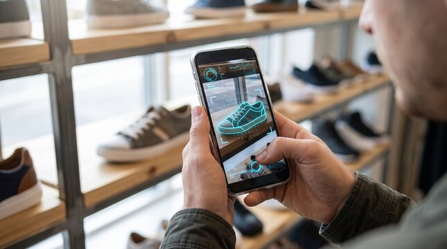 Man uses smartphone to scan shoes on a store shelf for information