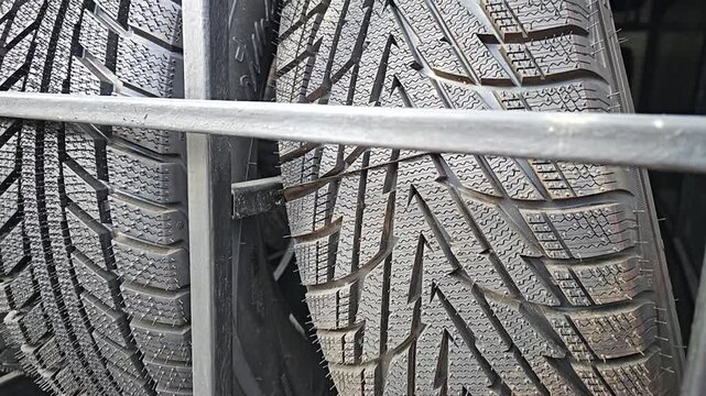 Close view of car tires with tread patterns stacked behind metal bars at a tire shop