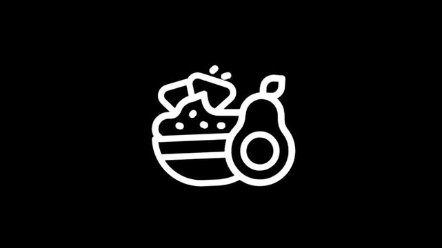 Simple white line art icon of avocado and bowl with food on black background