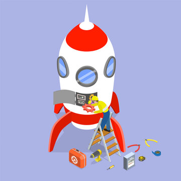 3D Isometric Flat Vector Illustration of Rocket Upgrade, Technician Upgrading Rocket Engine