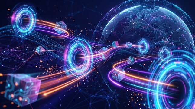 Abstract Digital Network Connecting Information Through Data Stream
