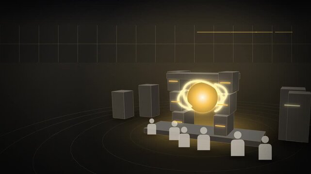 Gold AI core outgrowing its server rack full scene coming to life