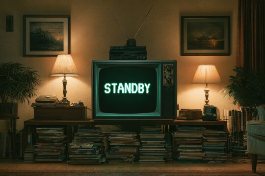 Old analog tv screen showing the word standby in a vintage-styled room with warm lighting