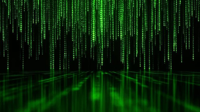 Green binary code rain over reflective grid floor futuristic cyberspace loop 60 FPS