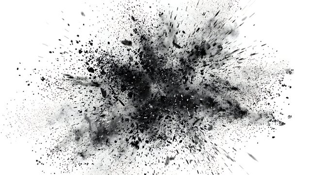 Abstract monochrome visual effectan explosive burst with black dust particles and flying sparks isolated on a clean white background texture for graphic design element overlay and backdrop