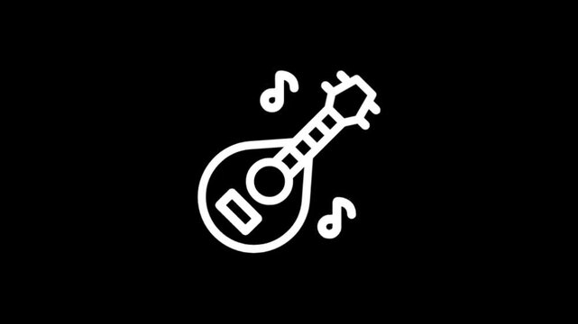Simple white ukulele icon with musical notes on black background
