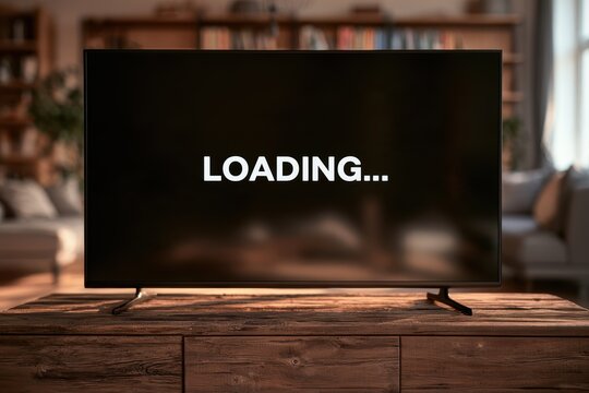 Television screen showing loading message indicating slow internet connection or buffering