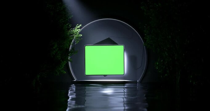 Floating tablet computer spinning to reveal blank green screen over water podium illuminated by spotlight