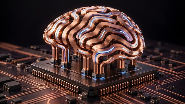 Golden abstract brain structure on computer processor chip symbolizing artificial intelligence processing and cognitive hardware technology
