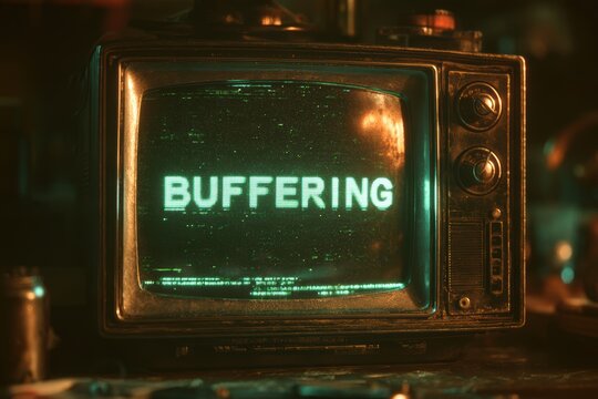 Retro crt television screen showing a buffering message with green text and digital glitch