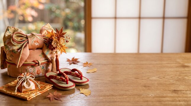 Traditional Japanese children's kimono accessories including zori sandals, obi sash, hair clip, and pouch on a wooden table