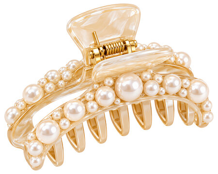 Pearl hair claw clip, beige acrylic hair jaw clamp decorated with faux pearls and metal spring isolated on a transparent background