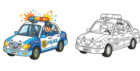 Cute cartoon police car with smiling face and waving officer. Color and black and white outline for kids coloring book. © SalahuddinAhamed