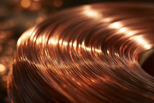 Shiny copper wire coiled, showing conductivity and industrial material