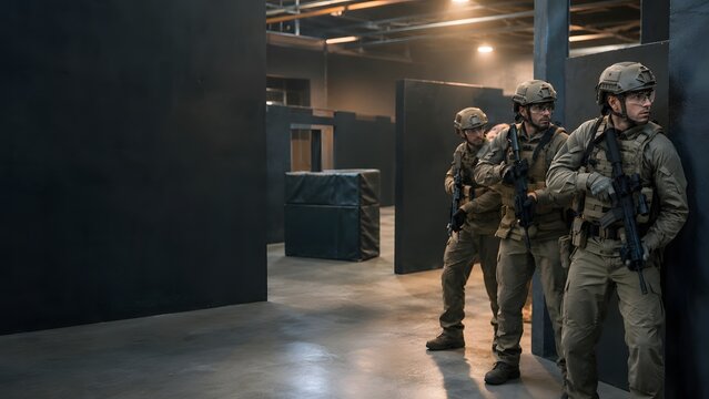 Military Training Team Practicing in Indoor Close Quarters Combat Facility