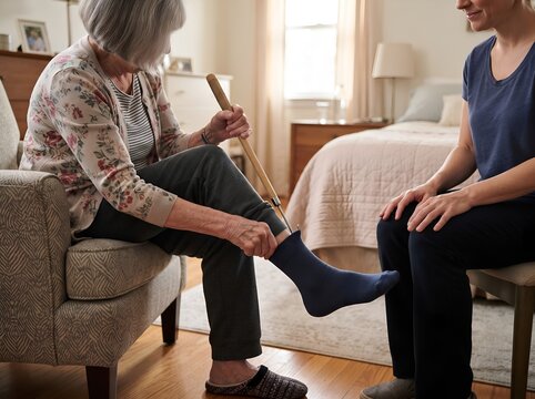 Senior Practicing Independent Dressing With Long Handled Assistive Aid