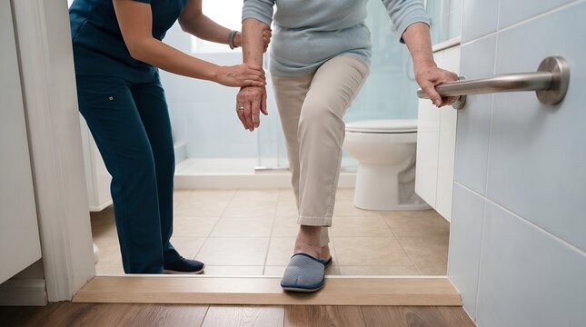 Senior Stepping Over Bathroom Threshold With Grab Rail Support