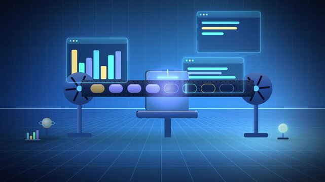 Blue token tape reader for a language model wide scene coming to life