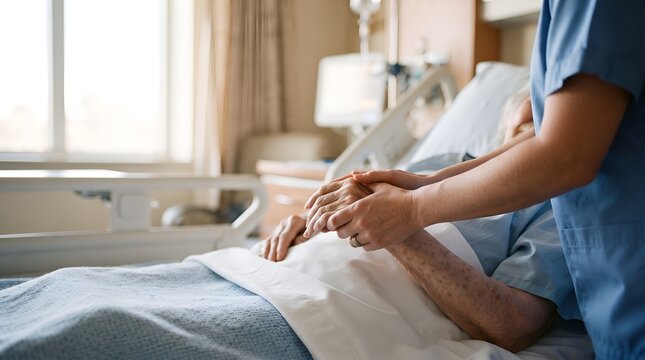 Nurse Holding Elderly Patient Hand for Comfort in Hospital
