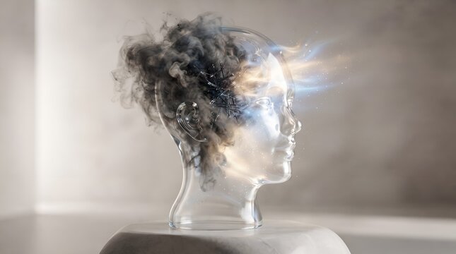 Glass Human Head Transforming Dark Smoke Into Mental Clarity