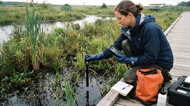 Environmental Researcher Measuring Wetland Water Quality in Restored Marsh