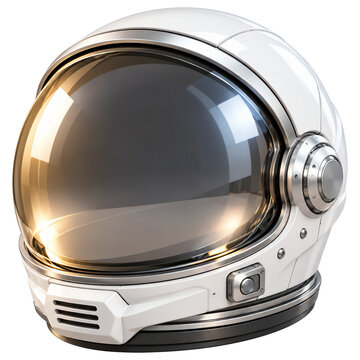 White astronaut helmet with a dark tinted curved visor and metallic side dial components isolated on a transparent background