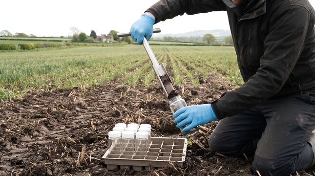 Scientist Collecting Agricultural Soil Core Samples for Contamination Testing