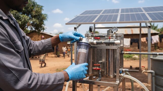 Technician Inspecting Solar Powered Rural Water Filtration System