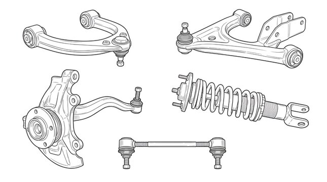 Independent Car Suspension Parts Engineering Line Drawing Set