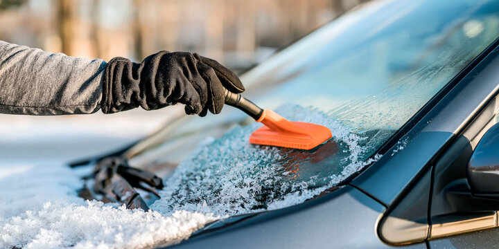 Gloved hand removing snow and ice from a frozen car windshield with an orange scraper during cold winter weather