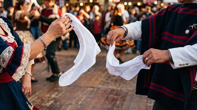 Close-up of hands holding white handkerchiefs while performing the traditional Chilean Cueca dance outdoors