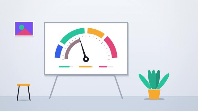 Colorful KPI speedometer gauge on a screen room scene coming to life
