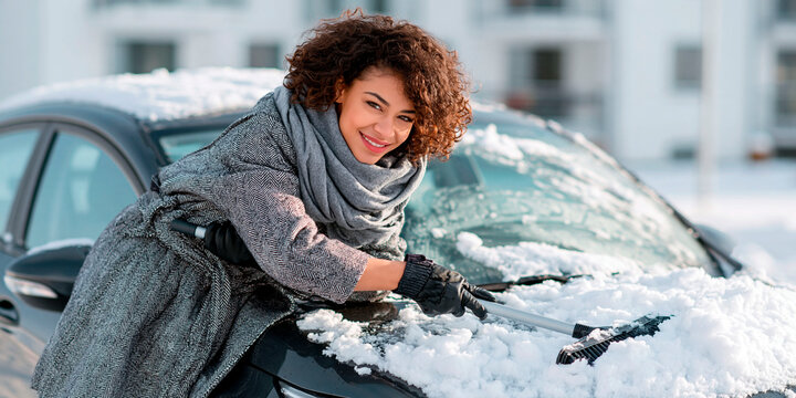 Woman removing snow from a car windshield with a brush during cold winter weather, preparing her vehicle for safe driving
