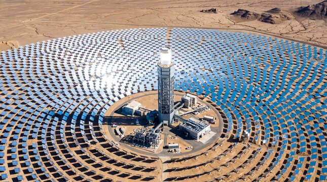 Aerial view of a concentrated solar power plant with a central tower and heliostat mirrors in a desert, generative AI