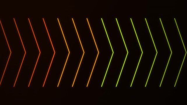 An abstract motion graphics background featuring repeating chevron arrows with glowing orange and yellow neon light gradients moving horizontally across the screen, created with HTML5 canvas and JavaS