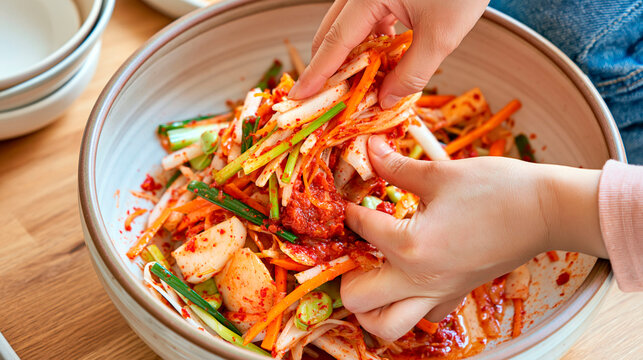 Hands mixing spicy korean kimchi with cabbage, carrots and green onions in a bowl, preparing traditional fermented vegetables at home