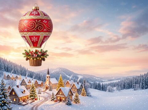 Sunset over a snowy mountain hamlet with a hot air balloon shaped like a red Christmas ornament carrying gifts, winter travel and holiday trip to a fairytale alpine resort