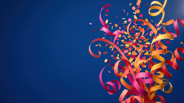 Confetti burst with curly pink, orange and golden streamers exploding on a deep blue wall, party celebration banner with copy space for birthday invitations and new year events